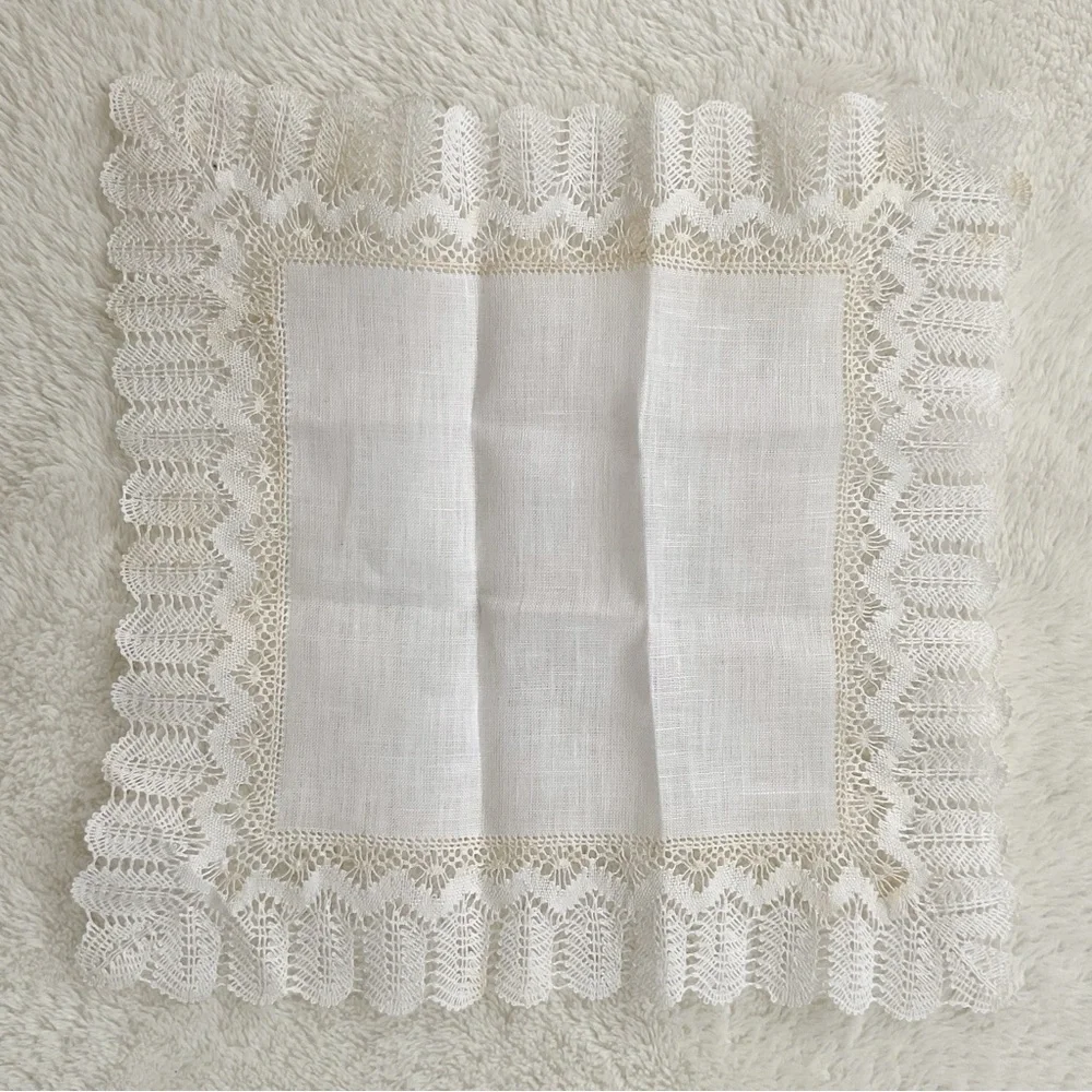 Vintage Bruges Belgium Bobbin Lace Handkerchief Rococo Boxed Linen Bridal Hankie